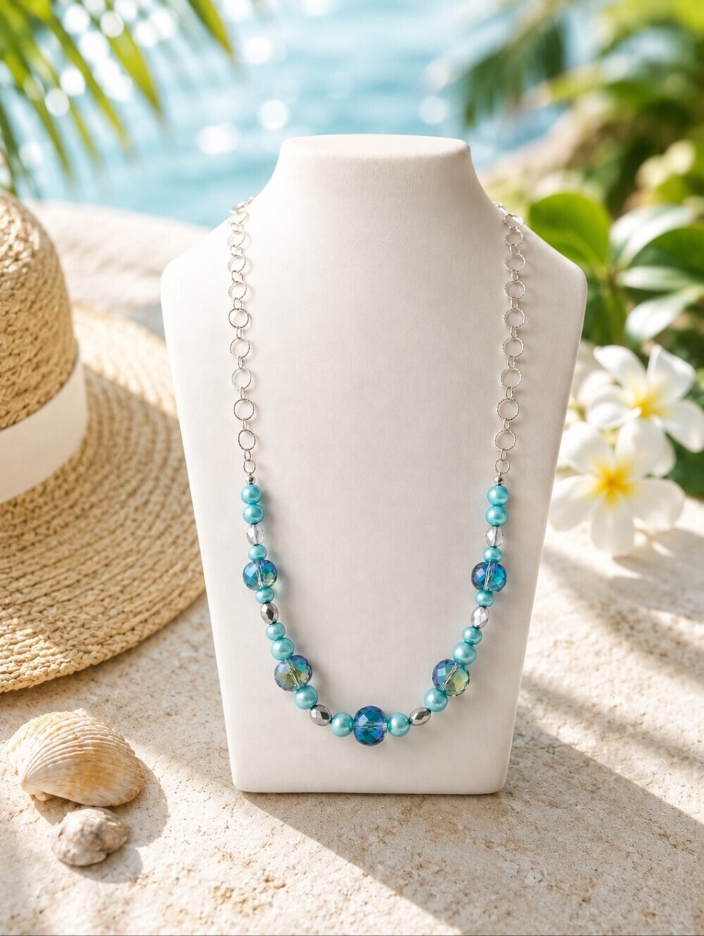 Turquoise & Blue Beaded Necklace With Silver Chain - Ocean Blue Statement Piece